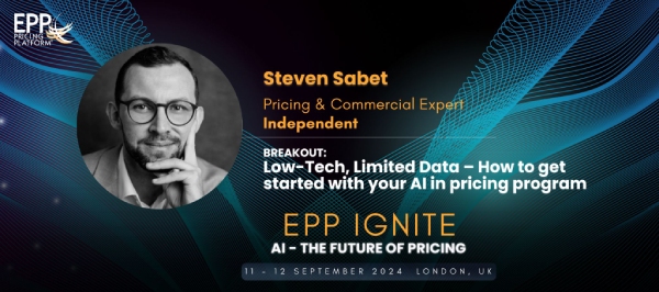 Steven Sabet Keynote zu KI im Pricing Speaker-Grafik zu Steven Sabets EPP Ignite Keynote über KI im Pricing.