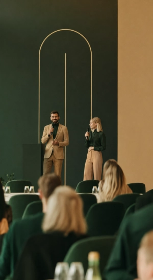 Vortragssituation auf einer Bühne als Motiv für Corporate Training und Unternehmensworkshops.