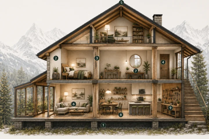 Hausquerschnitt des Frameworks Das Innere Zuhause mit neun Säulen des Selbst.