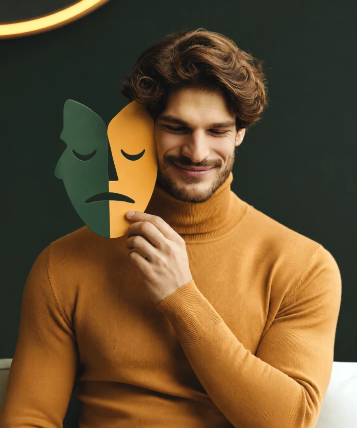 Mann mit geteilter Maske als Motiv für Imposter Syndrom Coaching.