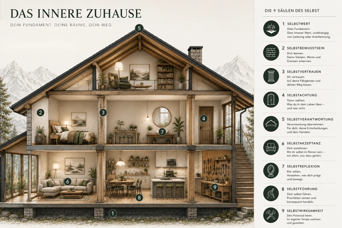 Das Innere Zuhause als Hausquerschnitt mit neun Säulen des Selbst im Coaching.