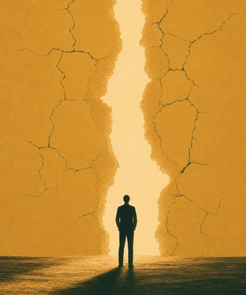 Person vor aufbrechender Wand als Motiv für Breakthrough Session und Coaching-Durchbruch.
