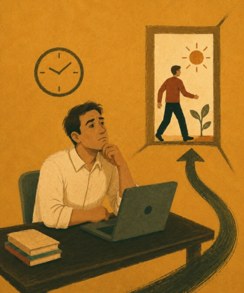 Person am Arbeitsplatz mit Wegsymbol als Motiv für Karriere-Reset und berufliche Neuorientierung.