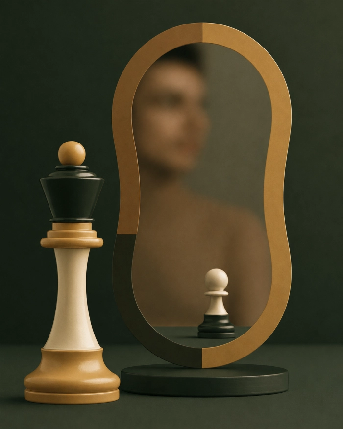 Schachfiguren vor Spiegel als Motiv für Life Coaching, Selbstreflexion und Klarheit.