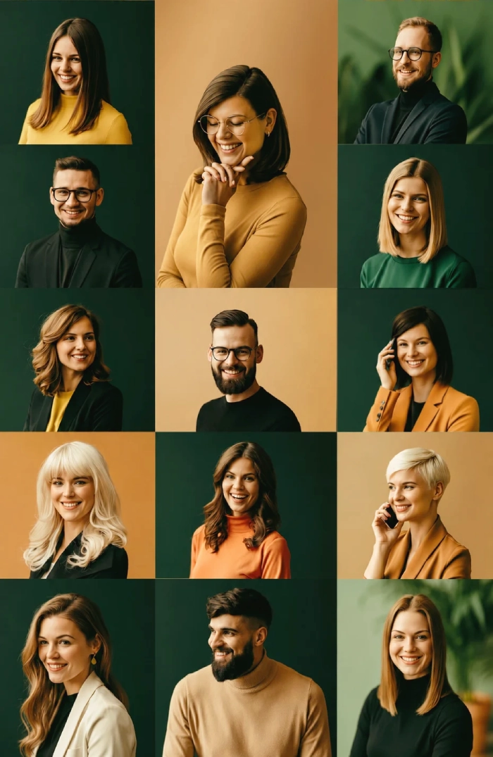 Portrait-Collage verschiedener Menschen als Motiv für Karriere Coaching und berufliche Entwicklung.